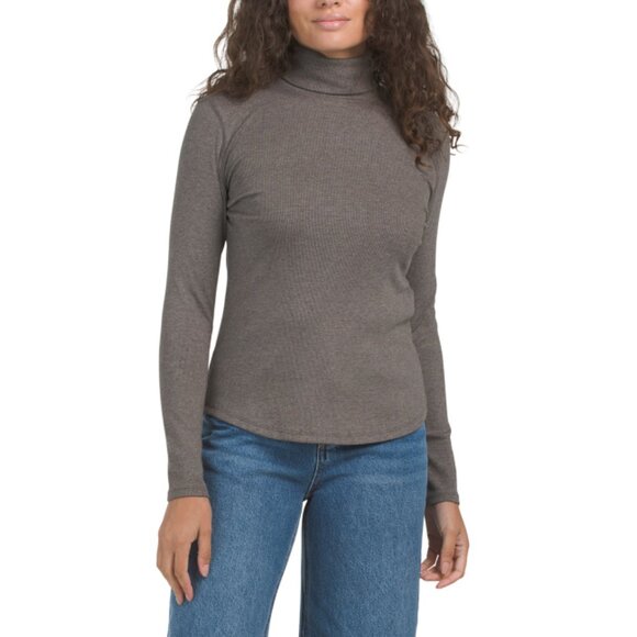 ELIE TAHARI Brown Pima Cotton Blend Turtleneck Long Sleeve Ribbed Top - Picture 1 of 2